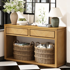 TREXM 55" Console Table, Rustic Wooden Entryway Table with Storage Drawers and Open Shelf, Elegant Sofa Table for Hallway and Living Room (Natural)