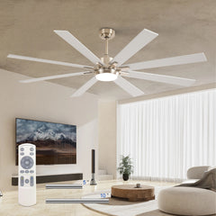 72 Inch Ceiling Fan With Light Kit 3 Color Dimmable LED, DC 6 Speed ,8 PCS Plywood Reversible Blades,Remote Control Ceiling Fan for Patio Living Room, Bedroom, Office,Indoor.(Nickel)