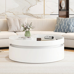White Round Lift Coffee Table with 1 Drawer in 29.5", Marble and Wood Grain Tabletop