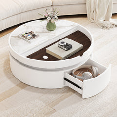 White Round Lift Coffee Table with 1 Drawer in 29.5", Marble and Wood Grain Tabletop