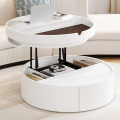 White Round Lift Coffee Table with 1 Drawer in 29.5", Marble and Wood Grain Tabletop