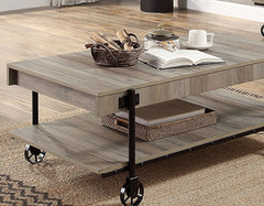 Industrial Style 1pc Coffee Table Open Bottom Shelf Replicate Wood Wheel Legs Slat Design Natural Tone And Black Finish