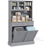 HOMCOM 68" Kitchen Pantry Storage Cabinet with Charging Station, 2 Tilt Out Trash Cabinets and Microwave Stand, Freestanding Kitchen Hutch with Glass Doors and Adjustable Shelf, Gray