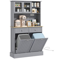 HOMCOM 68" Kitchen Pantry Storage Cabinet with Charging Station, 2 Tilt Out Trash Cabinets and Microwave Stand, Freestanding Kitchen Hutch with Glass Doors and Adjustable Shelf, Gray