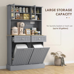 HOMCOM 68" Kitchen Pantry Storage Cabinet with Charging Station, 2 Tilt Out Trash Cabinets and Microwave Stand, Freestanding Kitchen Hutch with Glass Doors and Adjustable Shelf, Gray
