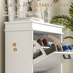 HOMCOM Shoe Cabinet for Entryway, Narrow Shoe Rack Storage Organizer with 2 Flip Drawers and Adjustable Shelves for 10 Pairs of Shoes, White