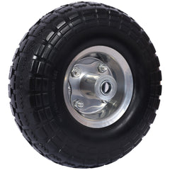Heavy-Duty Flat free PU foam Tire and Wheel - 4.10/3.50-4", 10" Diameter, 5/8" Axle Bore Hole, 2.2" Offset Hub and Double Sealed Bearings for Hand Trucks Replacement, Black color with silver rim