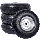 Heavy-Duty Flat free PU foam Tire and Wheel - 4.10/3.50-4", 10" Diameter, 5/8" Axle Bore Hole, 2.2" Offset Hub and Double Sealed Bearings for Hand Trucks Replacement, Black color with silver rim