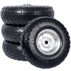 Heavy-Duty Flat free PU foam Tire and Wheel - 4.10/3.50-4", 10" Diameter, 5/8" Axle Bore Hole, 2.2" Offset Hub and Double Sealed Bearings for Hand Trucks Replacement, Black color with silver rim