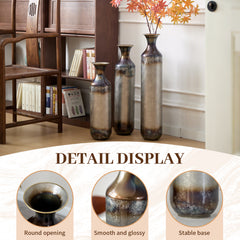 Hand-Forged Metal Vases Set of 3, Burnt Finish Rustic Floor Vases for Home Decor, 28.34 24.4 20.4 Inch Tall Flower Vases for Farmhouse Industrial Living Room