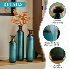Torch-Fired Metal Vases Set of 3, Tall Blue Burnt Finish Floor Vases for Home Decor, 28.34 24.4 20.4 Inch Rustic Flower Vases for Farmhouse Living Room