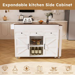 74.8" Kitchen Island with Extendable Dining Table & Power Outlet - Rolling Storage Cart on Wheels with 3 Drawers & 2 Door Cabinet for Dining Room, White