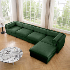 Modular Sectional Sofa with Storage, Cylindrical Backrest and Armrests Deep Comfortable Seating,Durable and Supportive for Living Room,4 Seat L- Shaped Sofa, Green