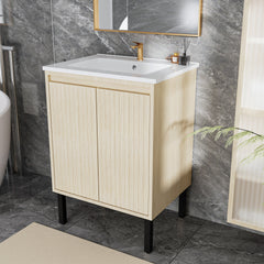 24 Inch Bathroom Vanity with Sink, Floor - Standing Structure for Stability, Soft - Closing Drawers for Noiseless Operation, Sleek Oak Finish for Modern Aesthetic(White Sink)