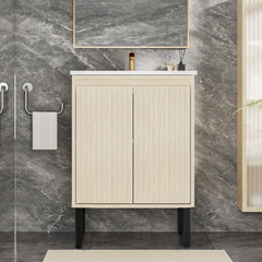 24 Inch Bathroom Vanity with Sink, Floor - Standing Structure for Stability, Soft - Closing Drawers for Noiseless Operation, Sleek Oak Finish for Modern Aesthetic(White Sink)