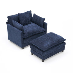 39.4" Modern Accent Chair with Ottoman, Living Room Club Chair Chenille Upholstered Armchair , Reading Chair for Bedroom, Blue Chenille