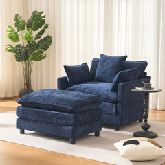 39.4" Modern Accent Chair with Ottoman, Living Room Club Chair Chenille Upholstered Armchair , Reading Chair for Bedroom, Blue Chenille