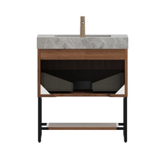 YOLAN 30" Bathroom Vanity&Sink, Freestanding Striped Plywood Storage Cabinet with Drawer&Open Shelf, Light Gray Sintered Stone Top&Undermount Ceramic Basin, Pre-assembled, Dark Walnut Woodgrain Color