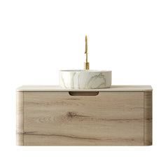XAI 36" Bathroom Vanity&Sink, Floating Plywood Storage Cabinet with Drawer, Ceramic Basin with Stone Pattern& Travertine-Pattern Sintered Stone Top, Pre-assembled, White Oak Woodgrain Color (New SKU)
