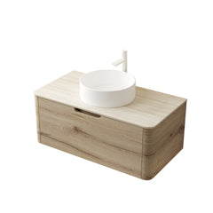 XAI 36" Bathroom Vanity with Sink, Wall-Mounted Plywood Storage Cabinet with Drawer, White Round Ceramic Basin and Roma Travertine-Pattern Sintered Stone Top, Pre-assembled, White Oak Woodgrain Color