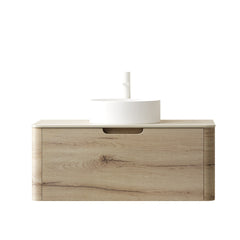 XAI 36" Bathroom Vanity with Sink, Wall-Mounted Plywood Storage Cabinet with Drawer, White Round Ceramic Basin and Roma Travertine-Pattern Sintered Stone Top, Pre-assembled, White Oak Woodgrain Color