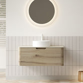 XAI 36" Bathroom Vanity with Sink, Wall-Mounted Plywood Storage Cabinet with Drawer, White Round Ceramic Basin and Roma Travertine-Pattern Sintered Stone Top, Pre-assembled, White Oak Woodgrain Color
