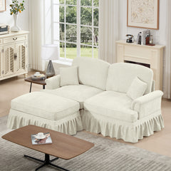 Elegant Mid Century Large Two Seater Modular L Shaped Sofa Couch with Flared Arms and Removable Ruffles Pleats Skirts and Spindle Legs, Comfy Chenille Loveseat Sofa with Movable Ottoman, Beige White