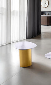 Contemporary Style 1pc Side Table Sintered Stone Top Gold Legs Soft Corner Edges White And Matte Gold Finish
