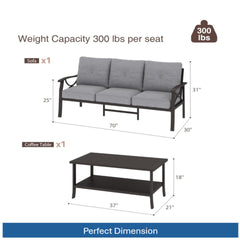 2 Piece Outdoor Patio Set, 70” All-Weather Metal 3-Seat Metal Patio Sofa and Rectangular coffee Table , Khaki Frame with Gray Cushions