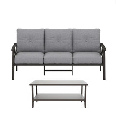 2 Piece Outdoor Patio Set, 70” All-Weather Metal 3-Seat Metal Patio Sofa and Rectangular coffee Table , Khaki Frame with Gray Cushions