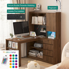 L Shaped Desk with Charger,Computer Desk with Drawers,Bookshelf, with LED Light,Modern Corner Desk,Home Office Desk,L-Shaped Study Table Writing Desk,Corner Gaming Computer Desk with Storage