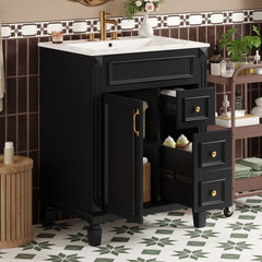 24" Bathroom Vanity with Ceramic Sink, Small Bathroom Sink Cabinet, Modern Cabinet with 2 Drawers and Adjustable Shelf