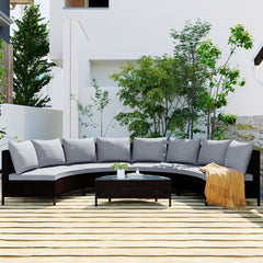 TOPMAX 5 Pieces All-Weather Brown PE Rattan Wicker Sofa Set Outdoor Patio Sectional Furniture Set Half-Moon Sofa Set with Tempered Glass Table, Grey