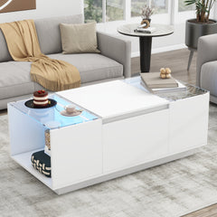 U-Can Led Coffee Table, Modern Center Table with High-Gloss Finish and Glass Tabletop, Coffee Table with Open Storage Compartment and 2 Hidden Drawers for Living Room
