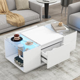 U-Can Led Coffee Table, Modern Center Table with High-Gloss Finish and Glass Tabletop, Coffee Table with Open Storage Compartment and 2 Hidden Drawers for Living Room