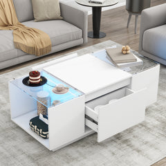 U-Can Led Coffee Table, Modern Center Table with High-Gloss Finish and Glass Tabletop, Coffee Table with Open Storage Compartment and 2 Hidden Drawers for Living Room