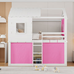 Full Size Bunk Wood House Bed with Tent, Pink+White