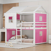 Full Size Bunk Wood House Bed with Tent, Pink+White