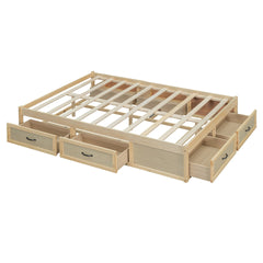 Full Size Platform Bed with 6 Storage Drawers, Antique Natural