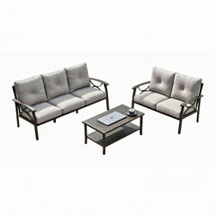 3-Piece Metal Patio Furniture Set, 5-Seat All-Weather Conversation Sofa with 4 Inches Thick Gray Cushions, Khaki Frame, Coffee Table for Porch Backyard Garden