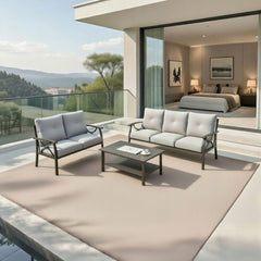 3-Piece Metal Patio Furniture Set, 5-Seat All-Weather Conversation Sofa with 4 Inches Thick Gray Cushions, Khaki Frame, Coffee Table for Porch Backyard Garden
