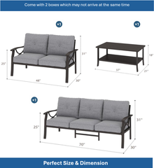 3-Piece Metal Patio Furniture Set, 5-Seat All-Weather Conversation Sofa with 4 Inches Thick Gray Cushions, Khaki Frame, Coffee Table for Porch Backyard Garden