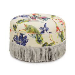 Yolanda 24" Round Upholstered Accent Ottoman, Beige & Tropical Floral with Ivory Trim