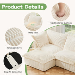 Slipcovered Long Sofa, 4 Seater Sofa with Removable Cover, Extra Deep Couch for Living Room, Corduroy Fabric Cloud Like Comfy Sofa Couch, Cream Corduroy Fabric