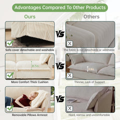 Slipcovered Long Sofa, 4 Seater Sofa with Removable Cover, Extra Deep Couch for Living Room, Corduroy Fabric Cloud Like Comfy Sofa Couch, Cream Corduroy Fabric