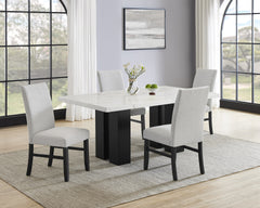 5pc Dining Set White Rectangular Marble-like Tabletop Dark-finished Base Upholstered Chairs Soft Wooden Dining Room Furniture