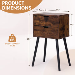 ightstand with 2 Drawers, Bedside Tables with Solid Wood Legs and Storage, End Table, Side Table, Bedside Furniture for Bedroom, Living Room, Rustic Brown