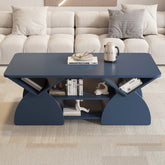 Engineered wood rounded corner rectangular coffee table for living room, easy assembly storage table with open shelves sturdy frame for Reception Room, Modern Coffee Table Geometric Design BLUE