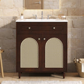 30" Bathroom Vanity with Ceramic Sink, Solid Wood Frame Bathroom Sink Cabinet with Adjustable Shelf, Tip-Drawer, Rattan Front Panels
