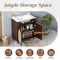 30" Bathroom Vanity with Ceramic Sink, Solid Wood Frame Bathroom Sink Cabinet with Adjustable Shelf, Tip-Drawer, Rattan Front Panels